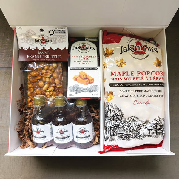 Jakeman's maple crunch and sweet sampler gift box with packaged sweets and small bottles