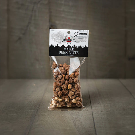 Maple beer nuts in clear plastic bag with black label